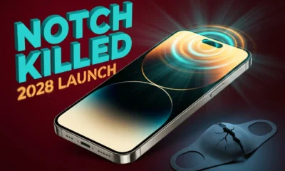 Polarization face unlock optic glowing beneath a smartphone OLED display panel.