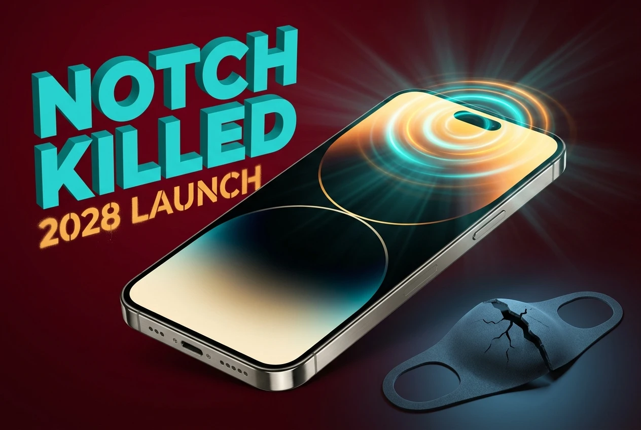 Polarization face unlock optic glowing beneath a smartphone OLED display panel.
