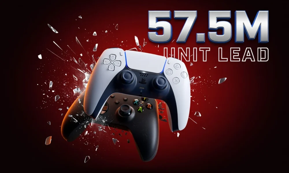 PS5 DualSense controller dominates Xbox controller in console sales lead graphic.