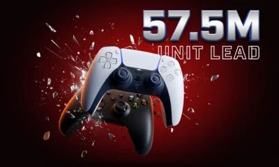 PS5 DualSense controller dominates Xbox controller in console sales lead graphic.