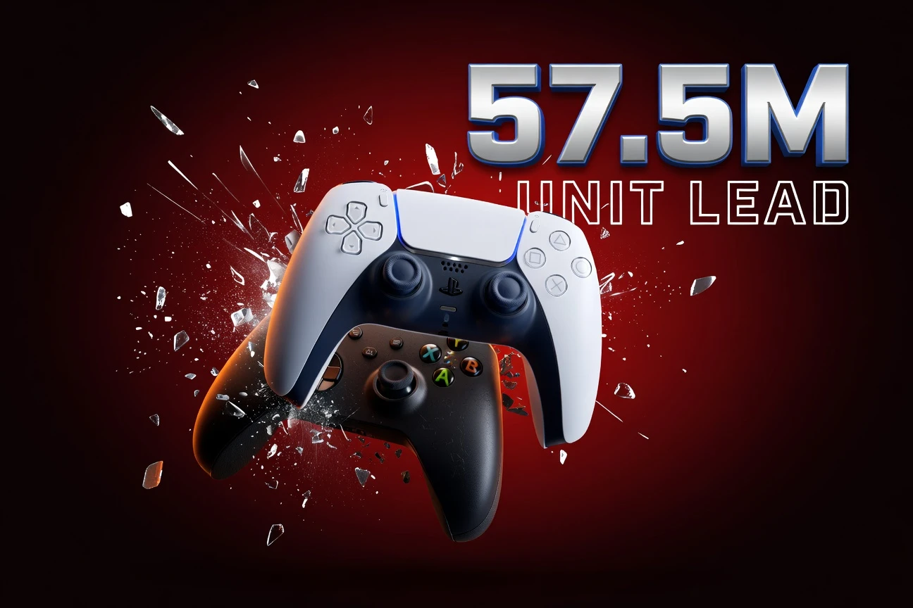 PS5 DualSense controller dominates Xbox controller in console sales lead graphic.