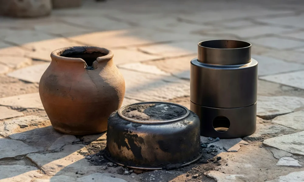 Rocket stove versus traditional clay stove comparison test in India for home cooking.