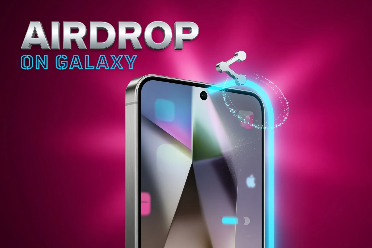 Samsung Galaxy phone glass display showing One UI 8.5 update with AirDrop file transfer feature.