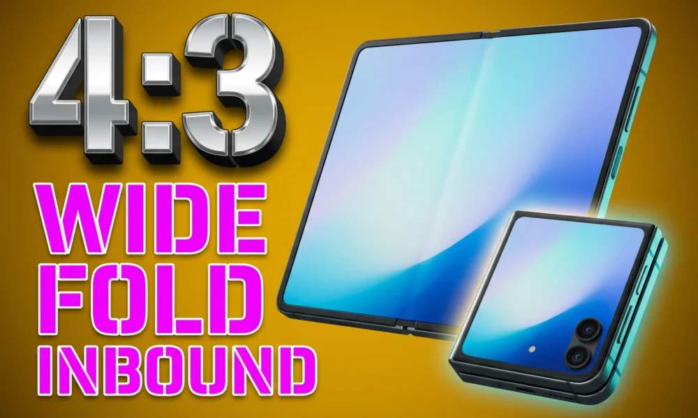 Samsung Galaxy Z Fold 8 Wide foldable phone shown in 4:3 landscape unfolded position.