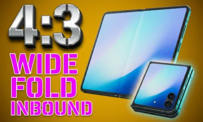 Samsung Galaxy Z Fold 8 Wide foldable phone shown in 4:3 landscape unfolded position.
