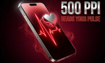 Samsung Sensor OLED smartphone display showing red heart rate pulse waveform at 500 PPI.