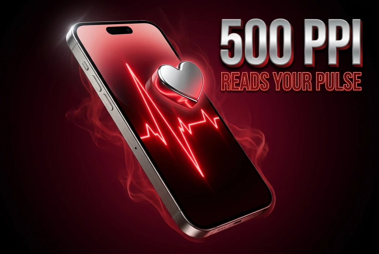 Samsung Sensor OLED smartphone display showing red heart rate pulse waveform at 500 PPI.