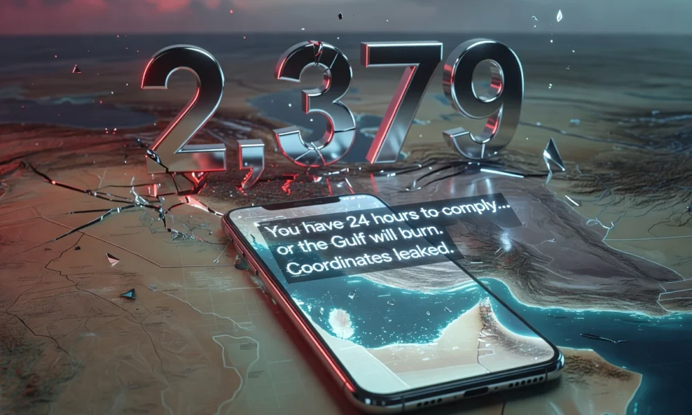 Smartphone displaying a fragmented WhatsApp threat message beside a US Marine helmet outline under red warning glow