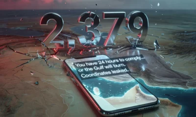 Smartphone displaying a fragmented WhatsApp threat message beside a US Marine helmet outline under red warning glow