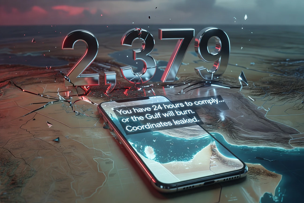 Smartphone displaying a fragmented WhatsApp threat message beside a US Marine helmet outline under red warning glow