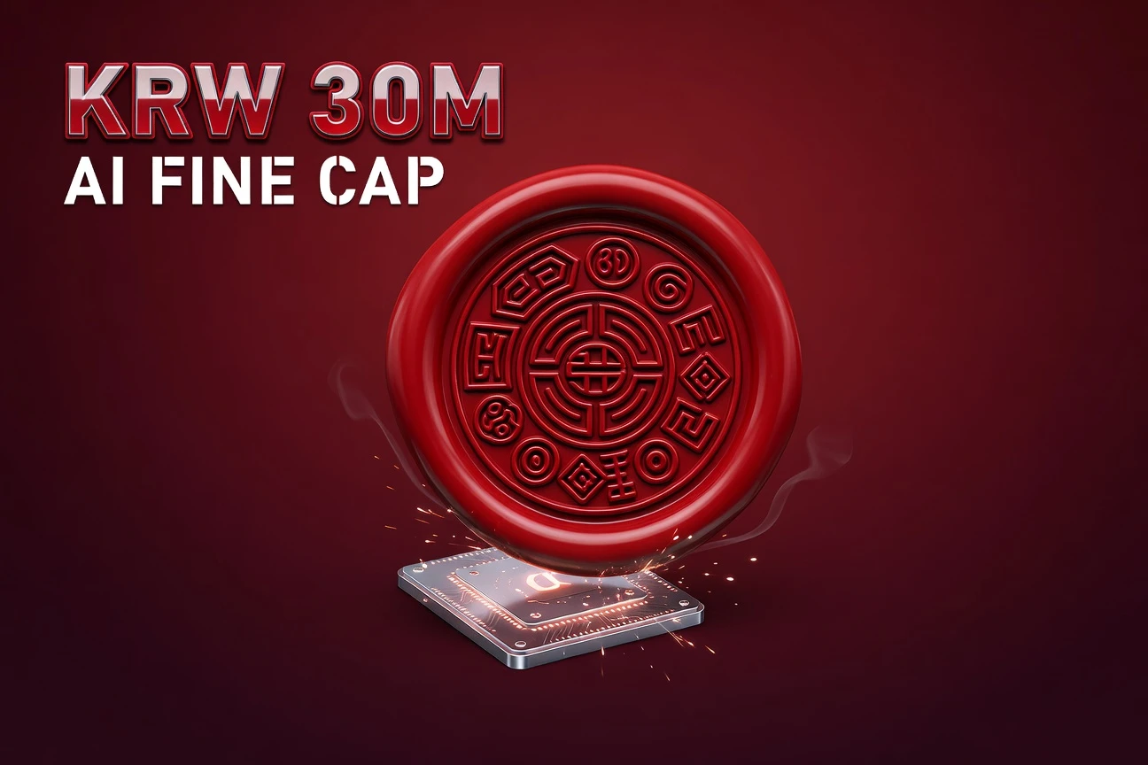 South Korea AI Basic Act fine cap stamped onto a frontier AI processor chip die.