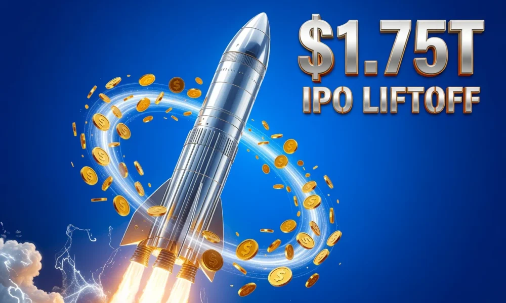 SpaceX IPO valuation graphic showing 1.75 trillion dollar target ahead of June Nasdaq listing.