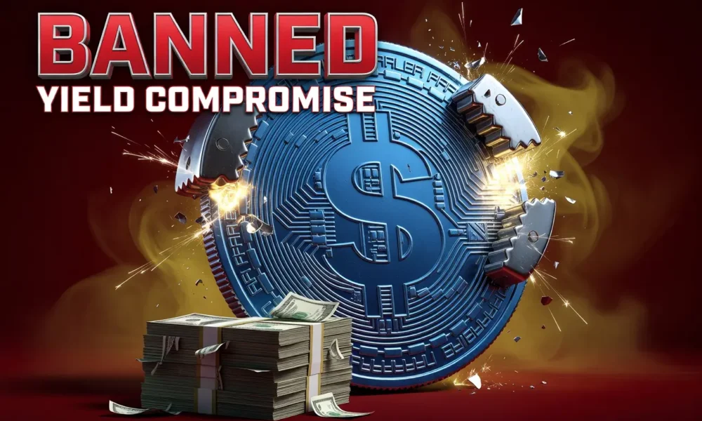 Stablecoin yield ban compromise pinches digital coin between bank lobby pressure points.