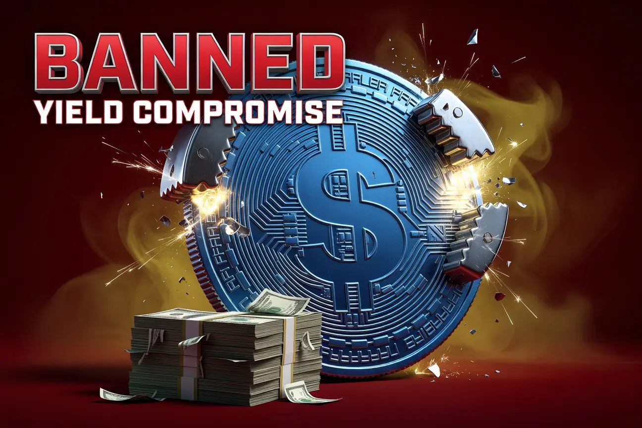 Stablecoin yield ban compromise pinches digital coin between bank lobby pressure points.