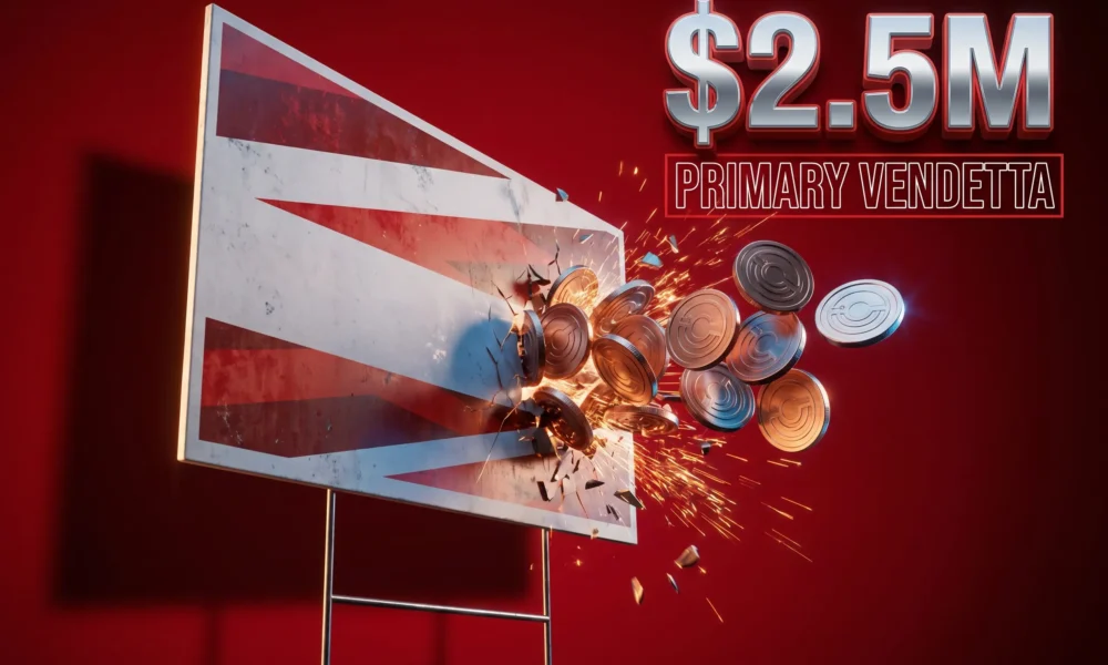 Stack of crypto coins crashing into a Nevada political campaign sign for a primary race.