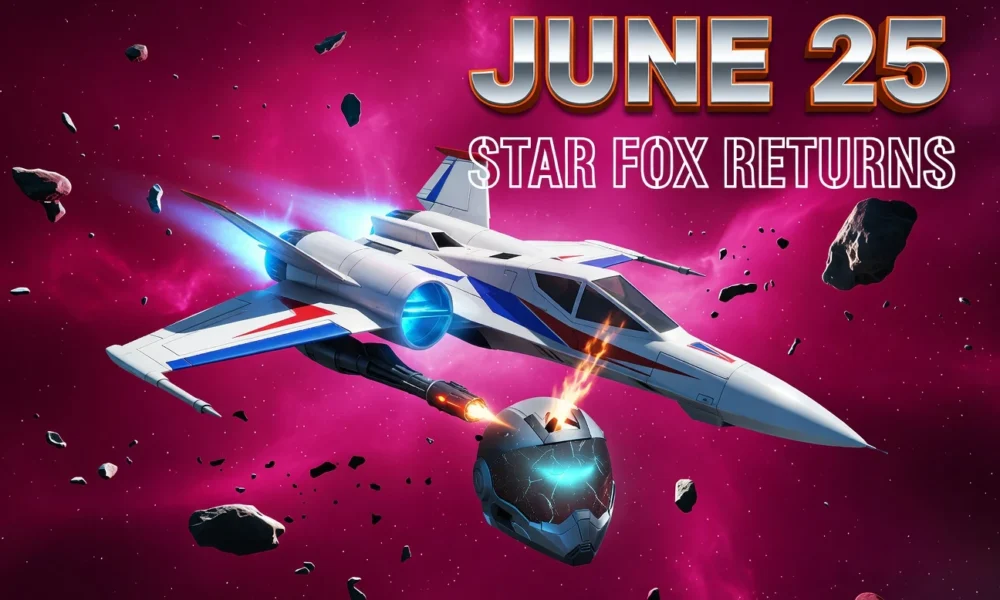 Star Fox Arwing fighter jet ignited in flame against deep magenta cosmic battlefield announcing Switch 2 launch.