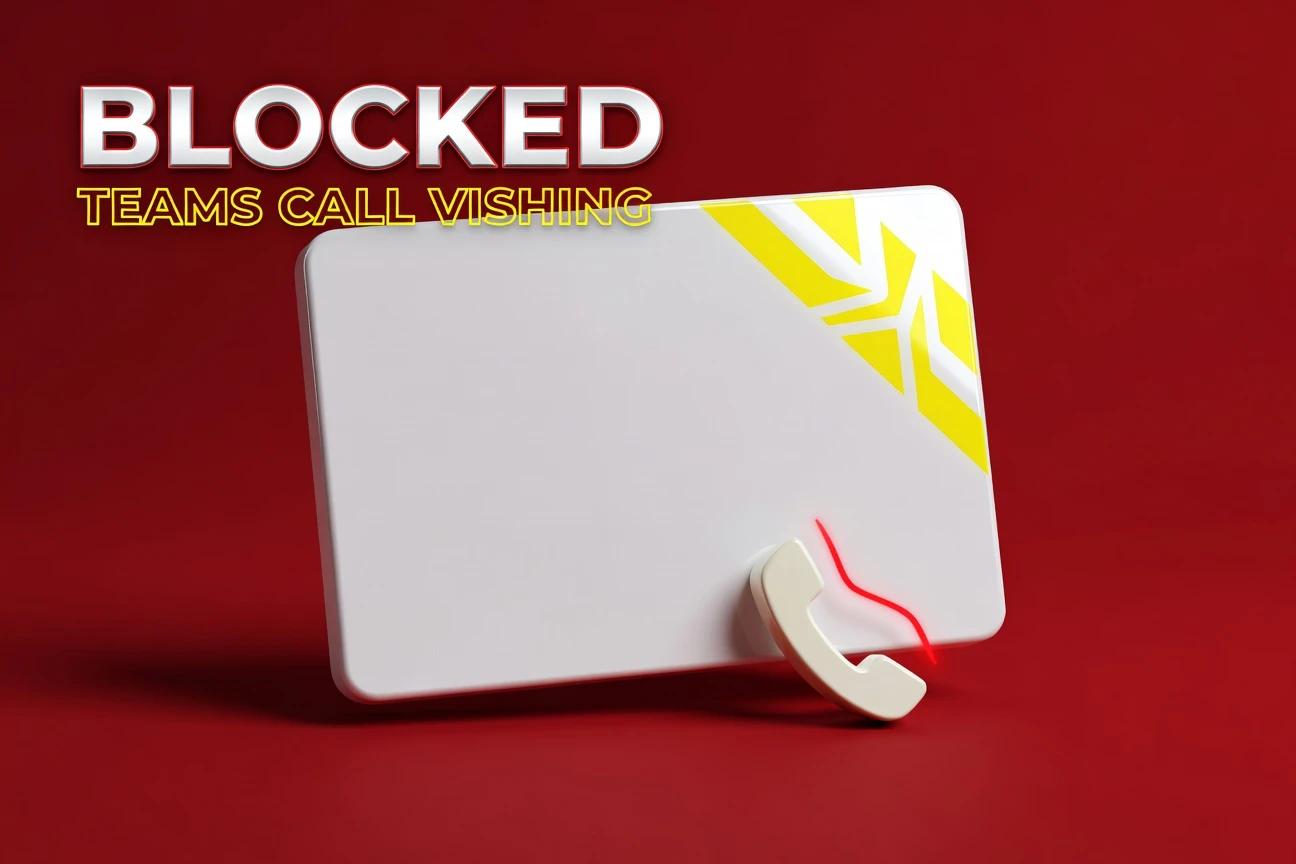 Teams call notification card with red brand impersonation warning seal during 2026 vishing rollout.