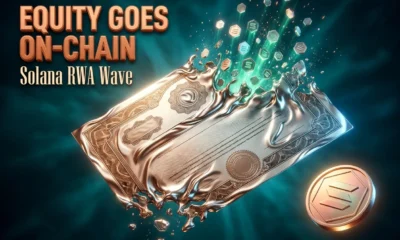 Tokenized stock certificate dissolving into Solana blockchain token shards on teal background.