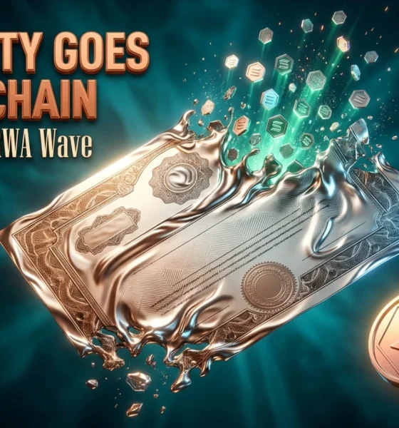 Tokenized stock certificate dissolving into Solana blockchain token shards on teal background.