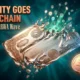 Tokenized stock certificate dissolving into Solana blockchain token shards on teal background.