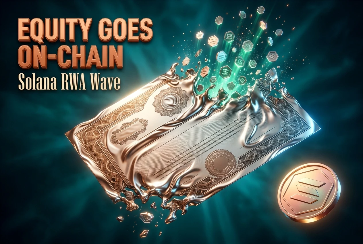 Tokenized stock certificate dissolving into Solana blockchain token shards on teal background.