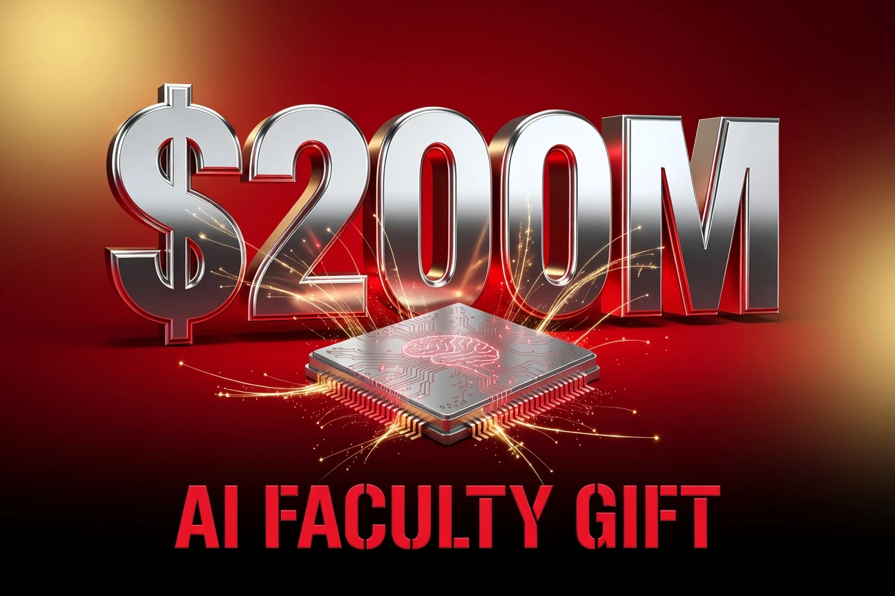 USC AI faculty gift announcement chrome dollar figure with silicon chip on cardinal red background.
