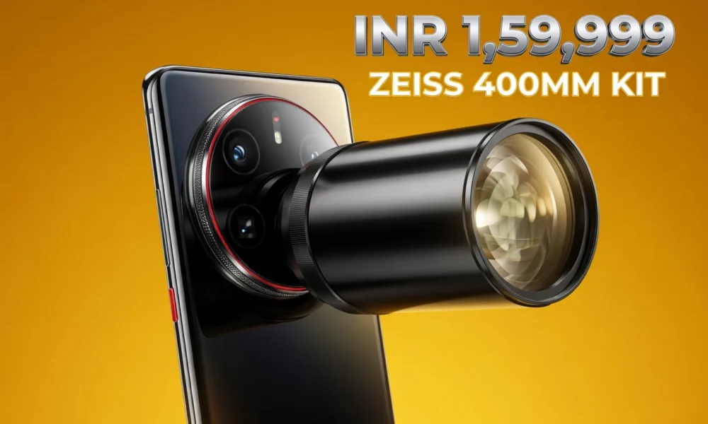 vivo X300 Ultra smartphone with 400mm ZEISS telephoto extender lens attached for India launch.