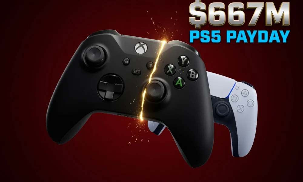 Xbox controller and PlayStation controller separated by glowing dollar sign showing exclusivity decision.