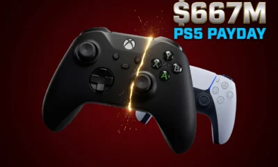 Xbox controller and PlayStation controller separated by glowing dollar sign showing exclusivity decision.