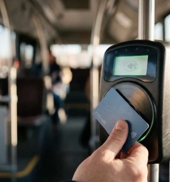 Contactless tap card transit payment replacing cash on CamTran buses in Johnstown.