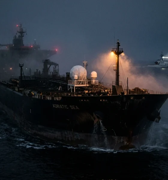 Dark fleet oil tanker with satellite comms at night