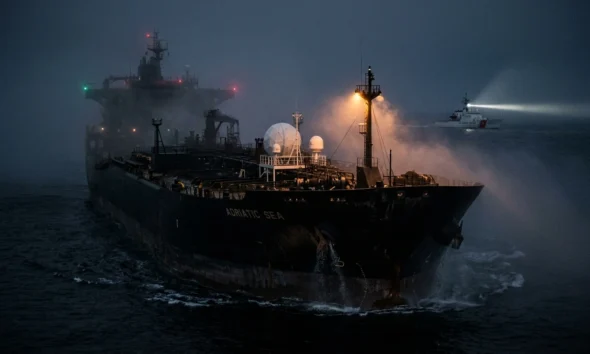Dark fleet oil tanker with satellite comms at night