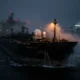 Dark fleet oil tanker with satellite comms at night