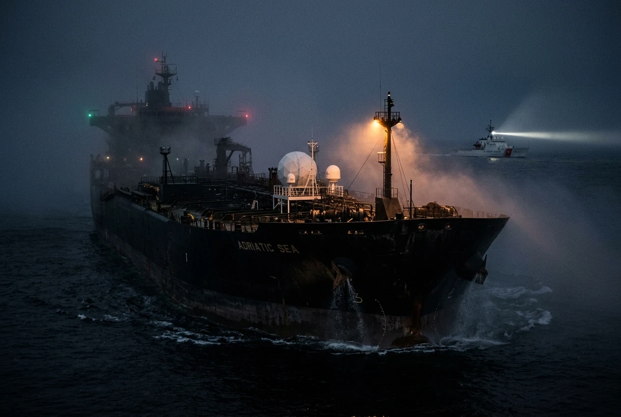 Dark fleet oil tanker with satellite comms at night