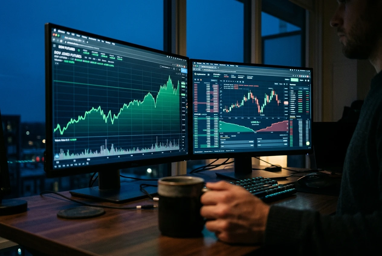 Dow stock futures premarket crypto TradeFi perpetual two-screen
