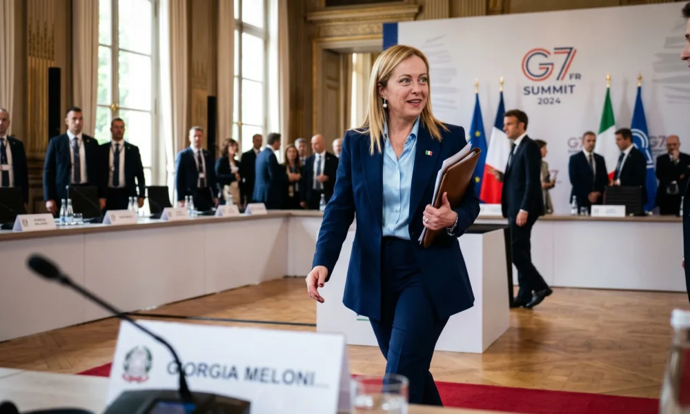 G7 Meloni pose viral meme from Évian 2026 summit