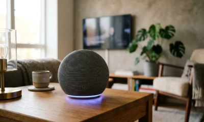 Google Home Speaker with Gemini light ring on wooden surface