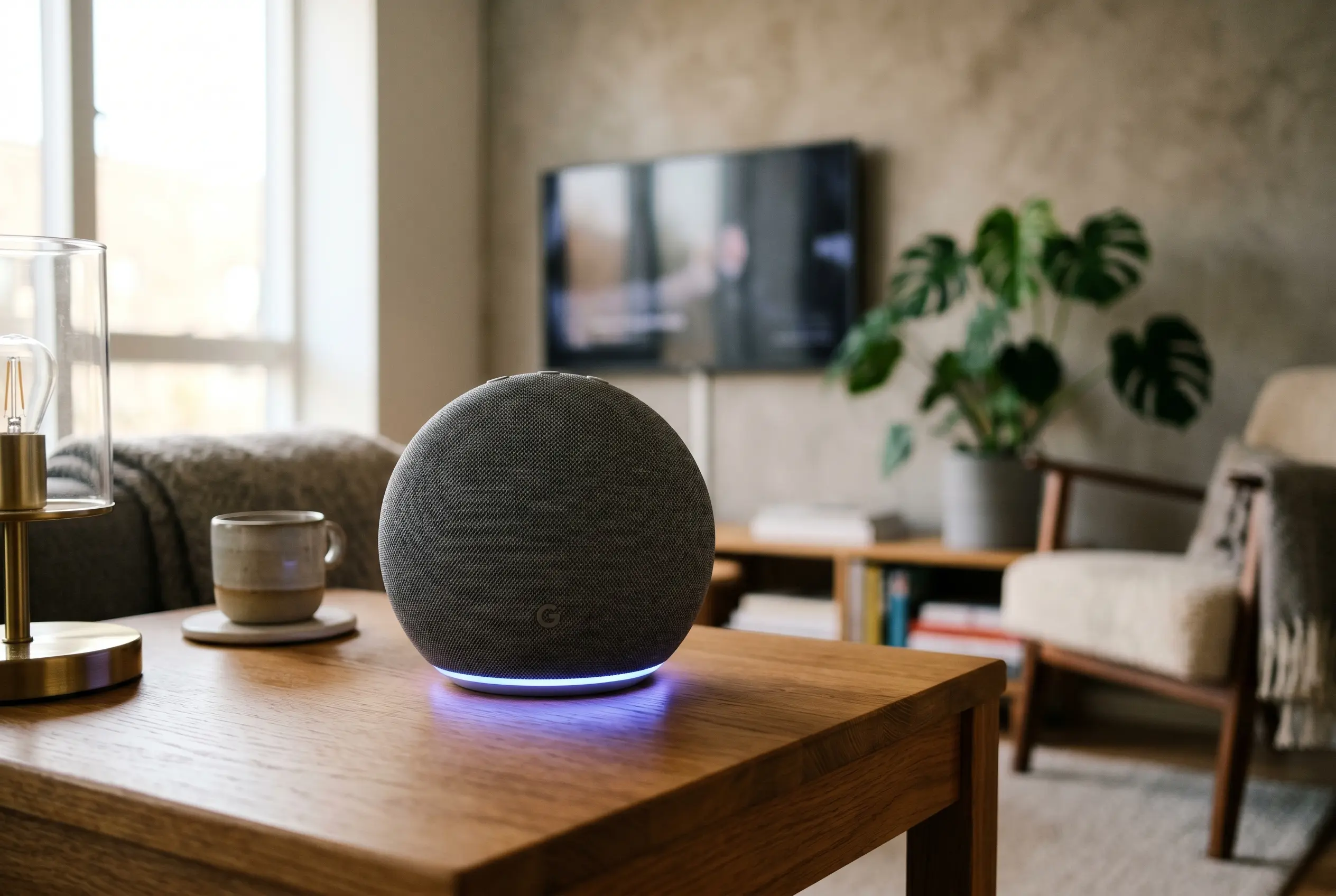 Google Home Speaker with Gemini light ring on wooden surface