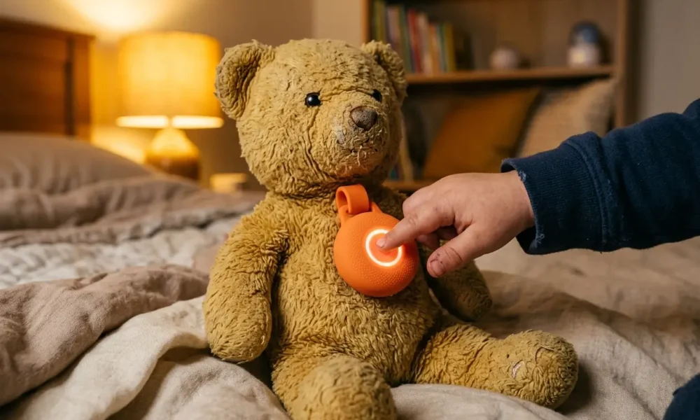Haivivi BubblePal AI companion toy clipped to plush teddy bear