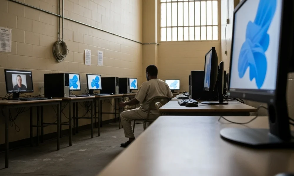 India prison technology push with computer labs and Tele-MANAS mental health terminals.