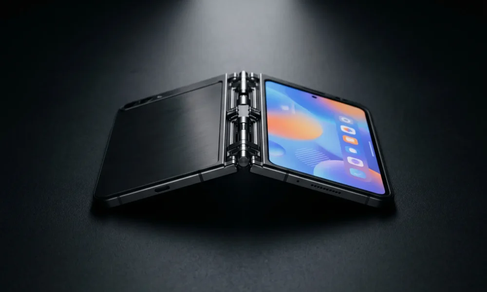 iPhone Ultra foldable smartphone half-open in dramatic lighting