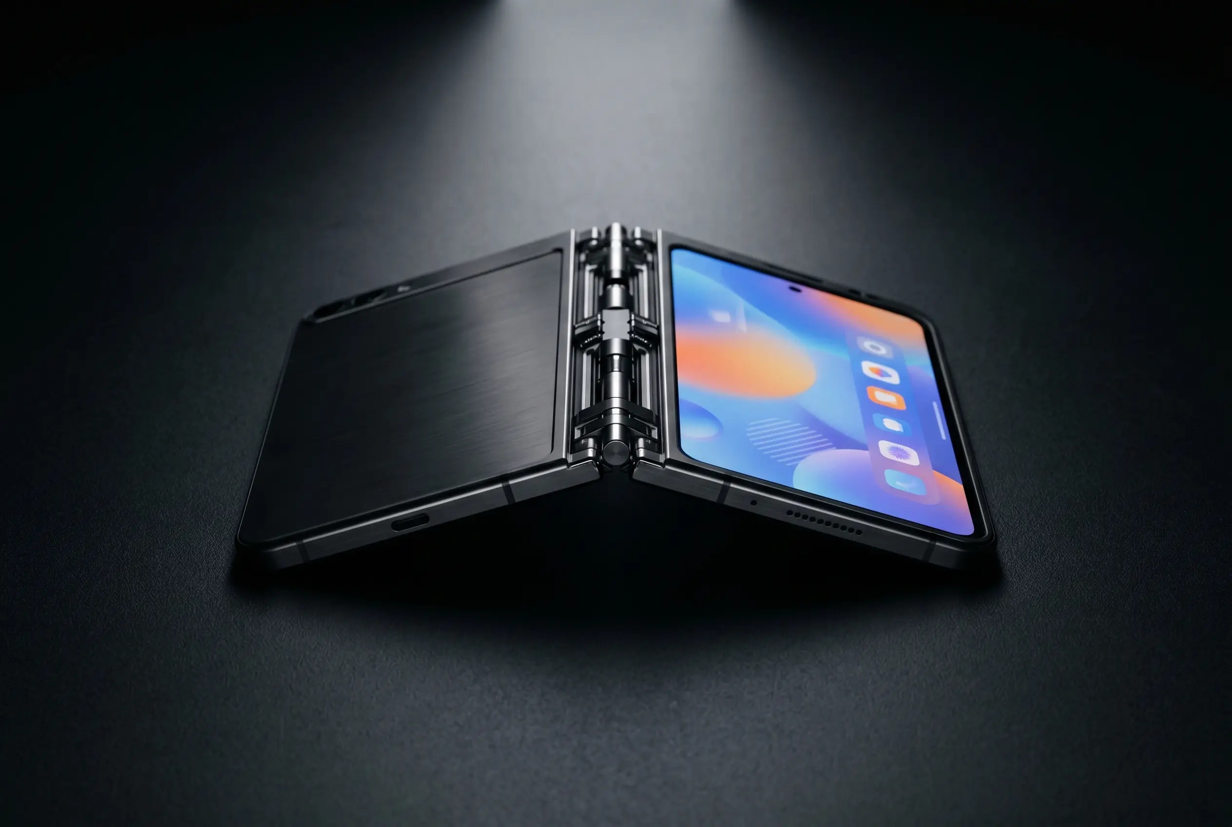 iPhone Ultra foldable smartphone half-open in dramatic lighting