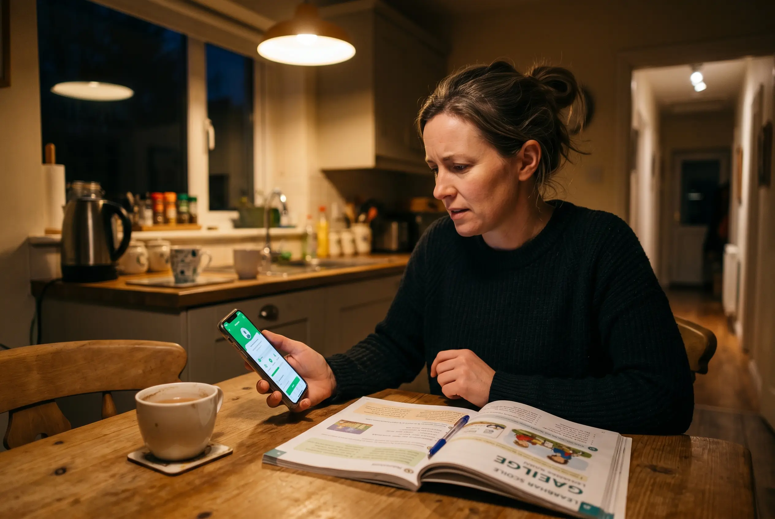 Irish homework app Gaeilgeoir AI on a parent's phone