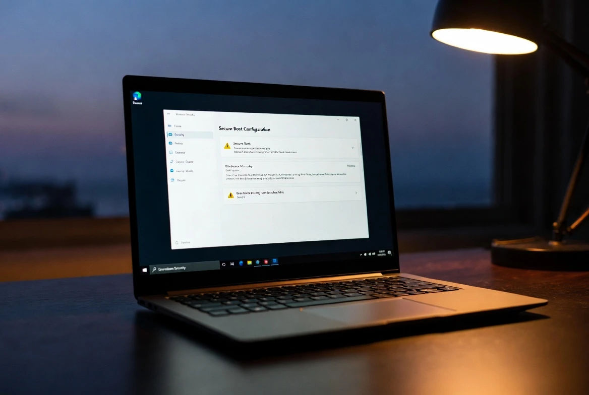 Laptop showing yellow Secure Boot certificate warning in Windows Security