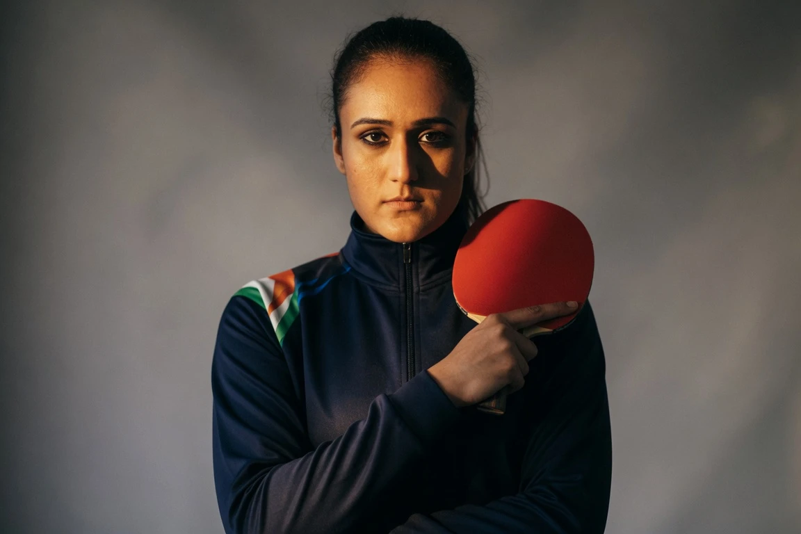 Manika Batra in India table tennis kit holding paddle