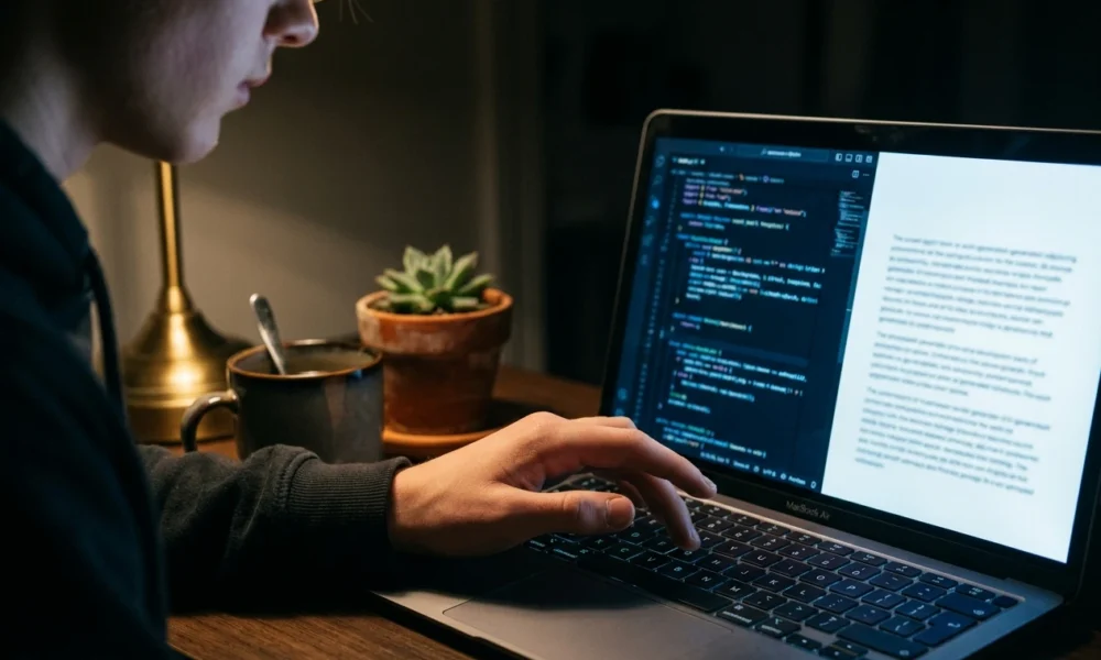 Meta data scientist hand hovering over AI code on laptop