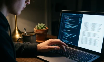 Meta data scientist hand hovering over AI code on laptop