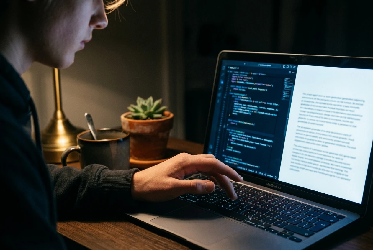 Meta data scientist hand hovering over AI code on laptop
