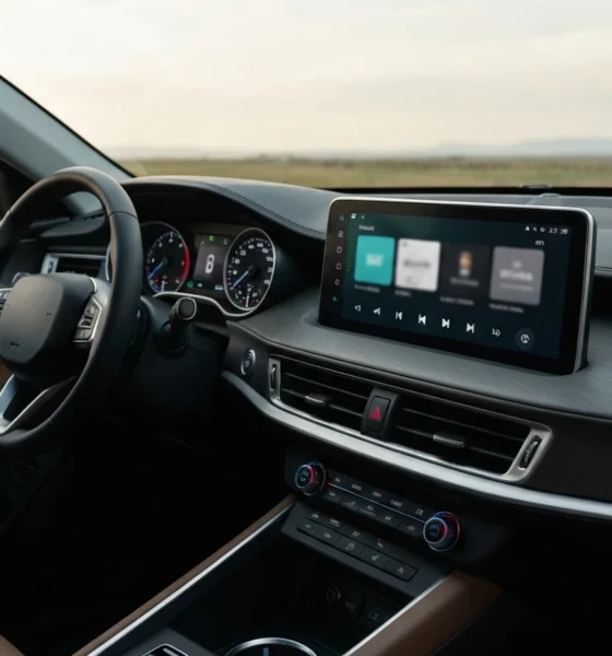 NHN Bugs essential app on Hyundai Pleos Connect car infotainment dashboard.