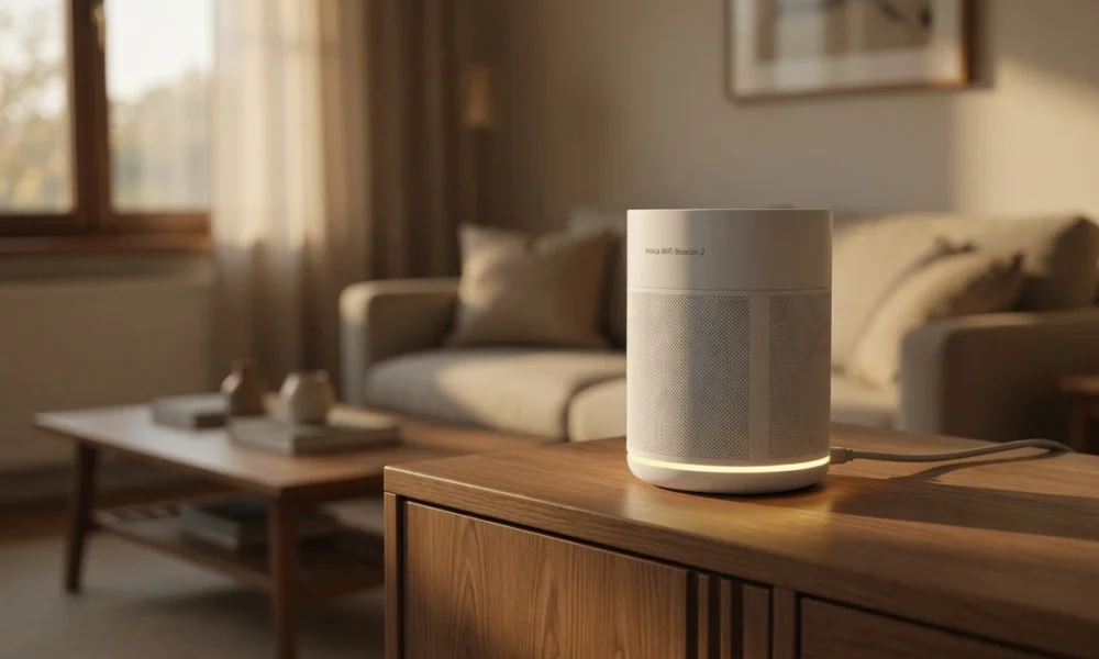 Nokia WiFi Beacon 2 mesh node on sideboard